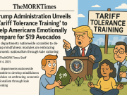 Trump Administration Unveils “Tariff Tolerance Training” to Help Americans Emotionally Prepare for $19 Avocados Illustration of Americans attending “Tariff Tolerance Training,” meditating beside overpriced Avocados and overprice chaos.