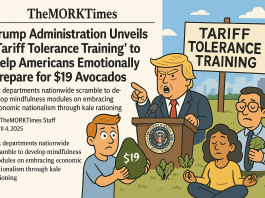 Illustration of Americans attending “Tariff Tolerance Training,” meditating beside overpriced Avocados and overprice chaos.