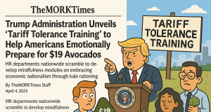 Trump Administration Unveils “Tariff Tolerance Training” to Help Americans Emotionally Prepare for $19 Avocados Illustration of Americans attending “Tariff Tolerance Training,” meditating beside overpriced Avocados and overprice chaos.