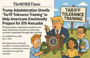 Trump Administration Unveils “Tariff Tolerance Training” to Help Americans Emotionally Prepare for $19 Avocados Illustration of Americans attending “Tariff Tolerance Training,” meditating beside overpriced Avocados and overprice chaos.