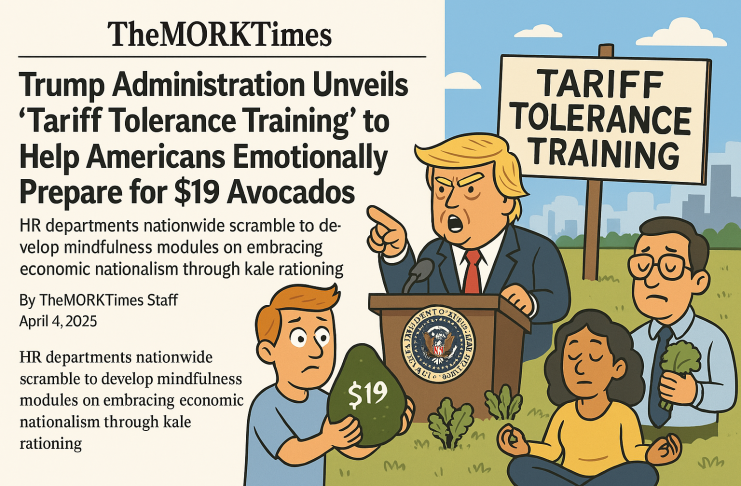 Illustration of Americans attending “Tariff Tolerance Training,” meditating beside overpriced Avocados and overprice chaos.