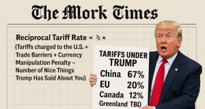 TheMorkTimes: Trump’s “Discounted Reciprocal Tariffs” Reveal Bold New Strategy: Weaponize Fractions, Confuse Economists, Upset Allies Illustration of President Trump presenting a chart labeled 'Discounted Reciprocal Tariffs' during a press conference, symbolizing the complexity and controversy of the new tariff formula.