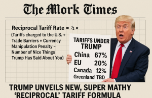 TheMorkTimes: Trump’s “Discounted Reciprocal Tariffs” Reveal Bold New Strategy: Weaponize Fractions, Confuse Economists, Upset Allies Illustration of President Trump presenting a chart labeled 'Discounted Reciprocal Tariffs' during a press conference, symbolizing the complexity and controversy of the new tariff formula.