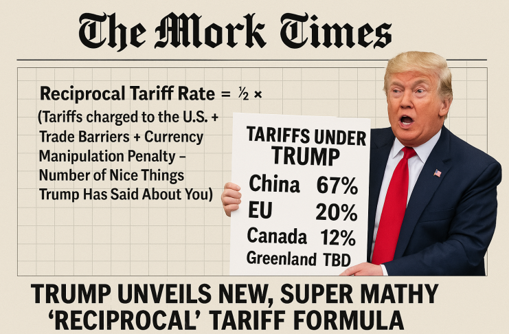 ​Illustration of President Trump presenting a chart labeled 'Discounted Reciprocal Tariffs' during a press conference, symbolizing the complexity and controversy of the new tariff formula.