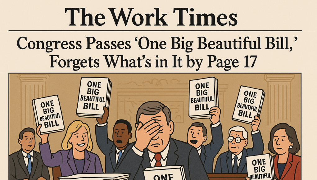 "Satirical illustration of U.S. Congress passing the One Big Beautiful Bill Act filled with absurd policies and dense paperwork"