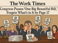 Congress Passes ‘One Big Beautiful Bill,’ Forgets What’s in It by Page 17 "Satirical illustration of U.S. Congress passing the One Big Beautiful Bill Act filled with absurd policies and dense paperwork"