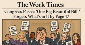Congress Passes ‘One Big Beautiful Bill,’ Forgets What’s in It by Page 17 "Satirical illustration of U.S. Congress passing the One Big Beautiful Bill Act filled with absurd policies and dense paperwork"
