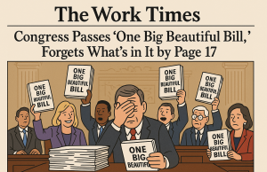 Congress Passes ‘One Big Beautiful Bill,’ Forgets What’s in It by Page 17 "Satirical illustration of U.S. Congress passing the One Big Beautiful Bill Act filled with absurd policies and dense paperwork"