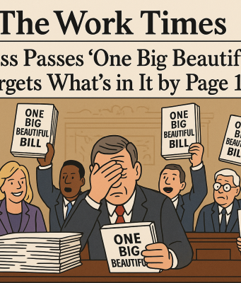 Congress Passes ‘One Big Beautiful Bill,’ Forgets What’s in It by Page 17 "Satirical illustration of U.S. Congress passing the One Big Beautiful Bill Act filled with absurd policies and dense paperwork"