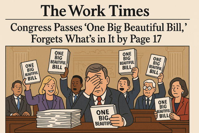 "Satirical illustration of U.S. Congress passing the One Big Beautiful Bill Act filled with absurd policies and dense paperwork"
