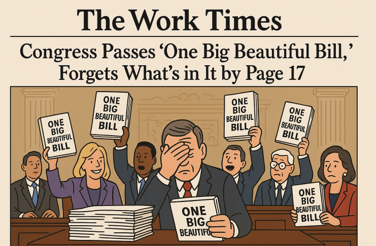 "Satirical illustration of U.S. Congress passing the One Big Beautiful Bill Act filled with absurd policies and dense paperwork"